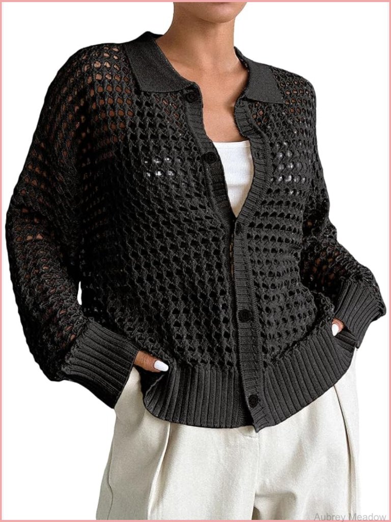 Women's Crochet Cardigan Lightweight Hollow Out Long Sleeve Sweater Top